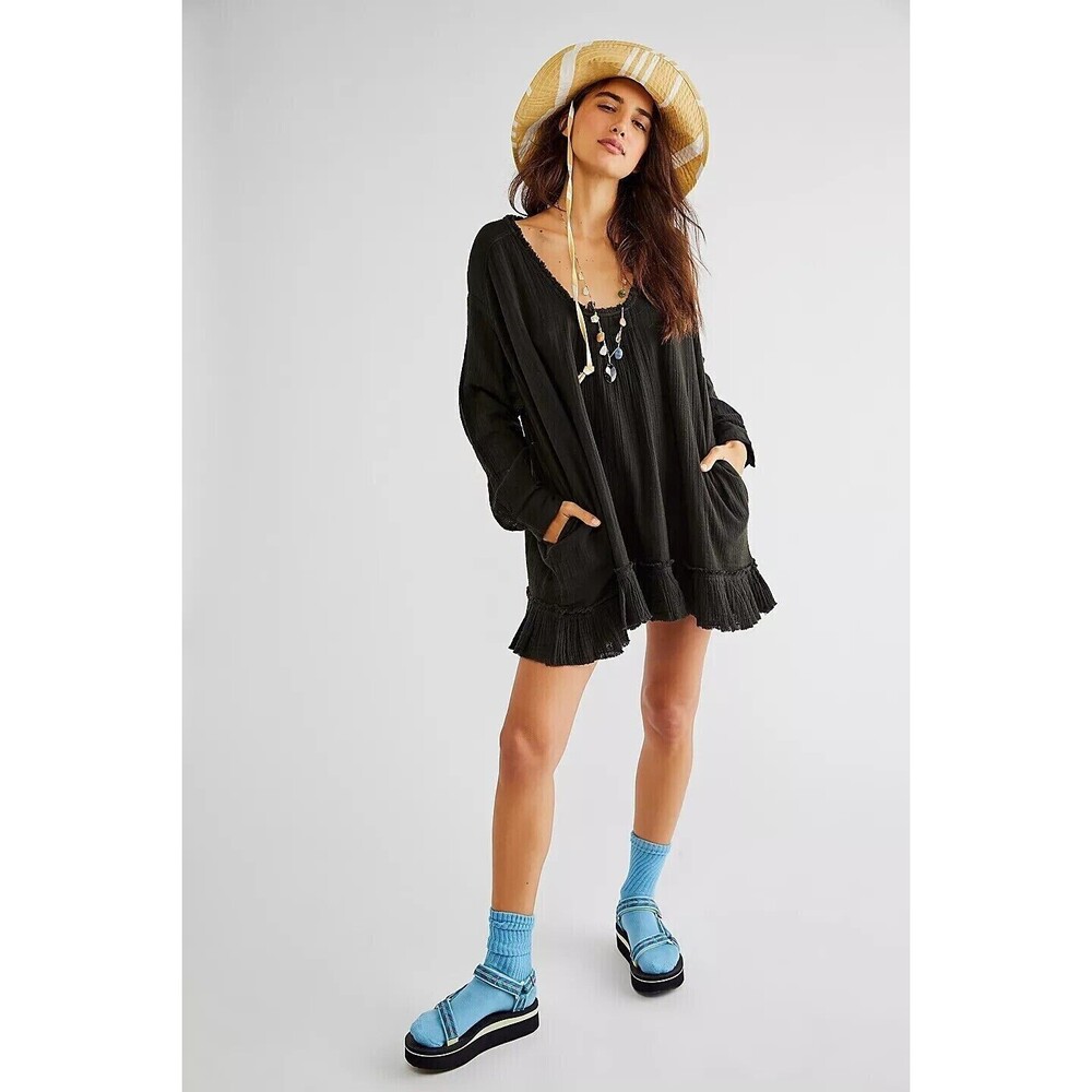 Free People Bring It On Tunic Mini Dress Black Tiered Oversized XS NWT 233911